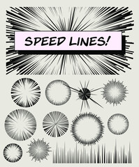 Aufkleber - Set of vector elements for manga and comic book design. Hand-drawn lines, streaks to convey the impression of speed.
