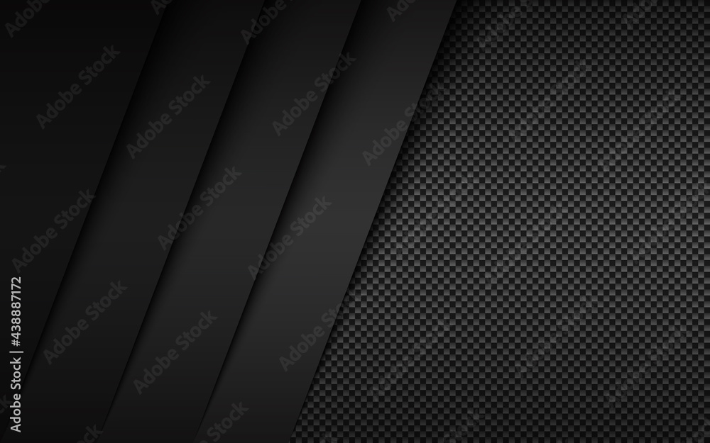 Black and grey modern material design with carbon fibre texture. Overlapped layers background. Vector abstract widescreen background - obrazy, fototapety, plakaty 