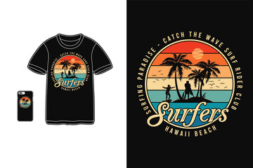 Wall Mural - Surfers hawaii beach, t shirt design silhouette retro style