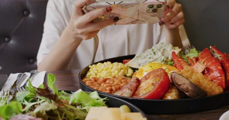 Poster - Woman take photo on her all day breakfast in coffee shop