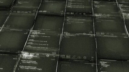 Poster - Digital text flying in rows of dark green blurred cells. Animation. Futuristic background with running code or data analysis, seamless loop.