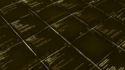 Poster - Digital text flying in rows of dark green blurred cells. Animation. Futuristic background with running code or data analysis, seamless loop.
