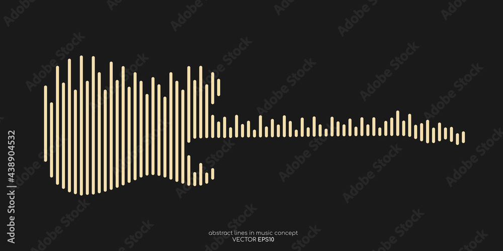 Vector electric guitar shape by equalizer strip line pattern gold color isolated on black background. In concept of music - obrazy, fototapety, plakaty 