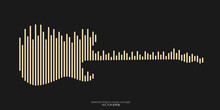 Vector Electric Guitar Shape By Equalizer Strip Line Pattern Gold Color Isolated On Black Background. In Concept Of Music