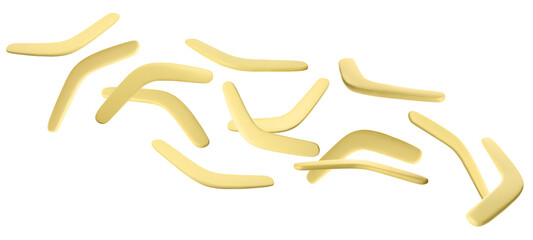 Wall Mural - Many yellow boomerangs flying on white background. Banner design