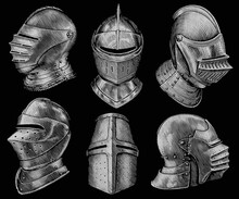 Medieval Knight's Helmets. Design Set. Hand Drawn Engraving. Editable Vector Vintage Illustration. Isolated On Black Background. 8 EPS