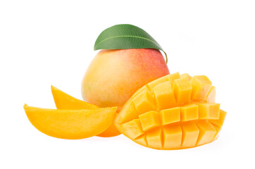 Wall Mural - slice mango with leaf isolated on white background