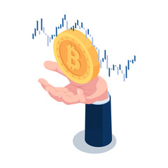 Poster - Isometric Businessman Hand Holding Bitcoin with Financial Chart