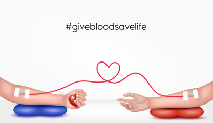 Wall Mural - Hands of the giver and the recipient to donate blood. Blood donation concept heart medical sign. Give blood save life, World blood donor day-June 14. 3D Vector EPS10 illustration.