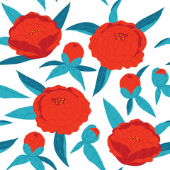 Wall Mural - Colored vector seamless pattern. Red flowers with blue leaves on a white background. Hand-drawn peonies. Floral ornament for textile