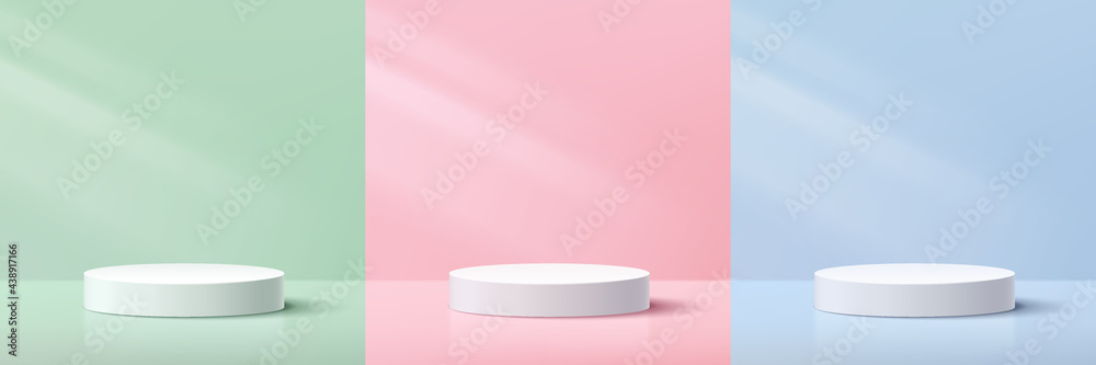Set of white and gray cylinder pedestal podium. Pastel green, blue, pink platform collection design. Vector rendering 3d shape. Cosmetic product display presentation. Abstract minimal wall scene. - obrazy, fototapety, plakaty 