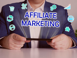  AFFILIATE MARKETING text in search line. Merchant looking for something at computer. AFFILIATE MARKETING concept.