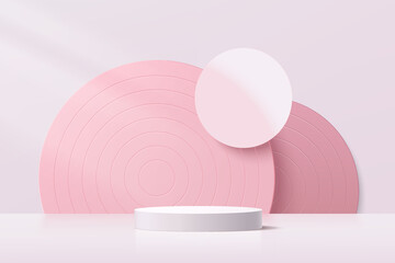 White cylinder pedestal podium. Geometric platform. Abstract pink pastel minimal wall scene. Semi circle backdrop in pink color. Vector rendering 3d geometric shape for product display presentation.