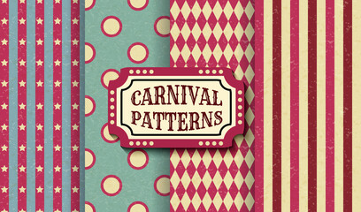 Set of carnival retro vintage seamless patterns. Textured old fashioned circus wallpaper templates. Collection of vector texture background tiles. For parties, birthdays, decorative elements.