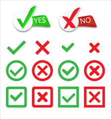 Yes and No check marks. Cross check mark icons, flat round buttons set.