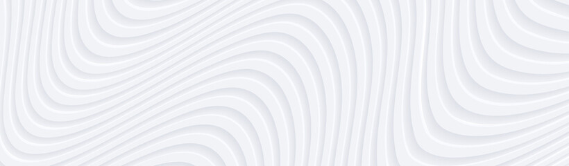 Poster - 3D white silver wavy background for business presentation. Abstract flow elegant pattern. Minimalist empty striped blank BG. Halftone monochrome cover with modern digital minimal color.