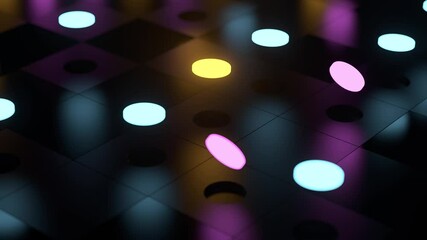 Fototapete - Loopable 3d render of illuminated geometry pieces going up and light roughness surface made of square patterns. Close-up shot.