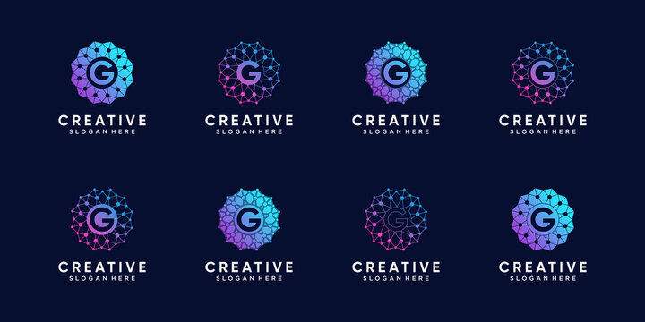 Set of monogram logo design for technology initial letter G with line art and dot style