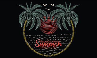 paradise island vector . summer illustration  for t shirt. Summer time vector design. Palm tree vector artwork. nature vibes art.