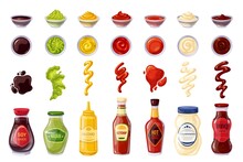 Sauces Bottle And Bowls, Soy Sauce, Ketchup, Mayonnaise, Wasabi, Hot Chili, Mustard, Bbq, Splash Strips, Drops And Spots. Vector Illustration.