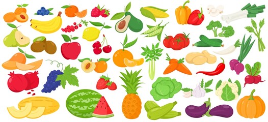 Wall Mural - Fruit and vegetables icon set. Color vector illustration of apple, banana, avocado, pomegranate, raspberry, mandarin, pineapple, cucumber. garlic, mango, strawberry, parsley, tomato, potato and ets