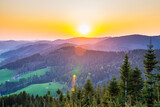 Fototapeta Góry - Germany, Schwarzwald nature landscape tree top view above the silhouette of endless forest scenery at sunset on top of a mountain
