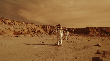 Wall Mural - Female astronaut admiring terrain of Mars
