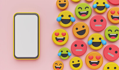 Poster - smartphone and colorful Emoji. minimal website background. 3d rendering