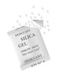 Vector illustration of silica gel in white bag with cut-off corner with scattered pile of adsorbent, desiccant polymer balls. Form of silicon dioxide isolated on white. Desiccant hygroscopy substance.