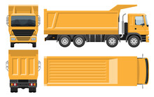 Dump Truck Vector Template With Simple Colors Without Gradients And Effects. View From Side, Front, Back And Top