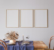 Minimal farmhouse dining room interior, beige mockup frame, 3d render