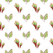 Seamless tropical pattern with green leaves at the edges with a red burgundy border for design and decoration. Great for cleaning paper, textiles, decor