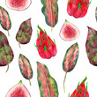 Seamless tropical pattern with green philodendron leaves with burgundy edges, burgundy green leaves, figs and dragon fruit for design and decoration. Great for decorative paper,scrapbooking and design