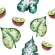 Seamless tropical pattern with green leaves of different shades and kiwi halves for design and decoration. Great for decorative paper, scrapbooking, and design