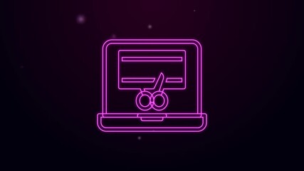 Poster - Glowing neon line Video recorder or editor software on laptop icon isolated on black background. Video editing on a laptop. 4K Video motion graphic animation