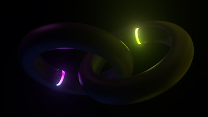 Fototapete - Bright neon rings on rolling balls inside two tubes with roughness surface. Abstract 3d render  background...
