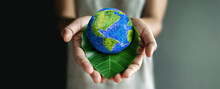World Earth Day Concept. Green Energy, Renewable And Sustainable Resources. Environmental And Ecology Care. Hand Embracing Green Leaf And Handmade Globe