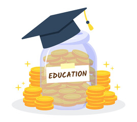 Money jar with graduation cap and stack of golden coins. The creative financial concept of savings for education or investment in knowledge. Trendy cute vector illustration. Flat style graphic design.