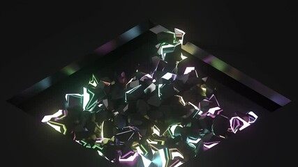 Fototapete - 3d loop render of press that crushes geometry with illunimation inside. Cube shape destroy.