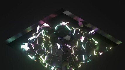 Poster - 3d loop render of press that crushes geometry with illunimation inside. Pyramid shape destroy.