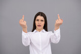annoyed woman show middle finger. expressing disrespect. bad girl. rude aggressive hands gesturing.