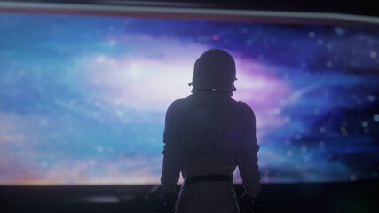 Wall Mural - alone astronaut in futuristic space corridor, room. outer space view with many different stars, plan
