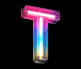 Glowing neon under matte glass. Font. Letter T.