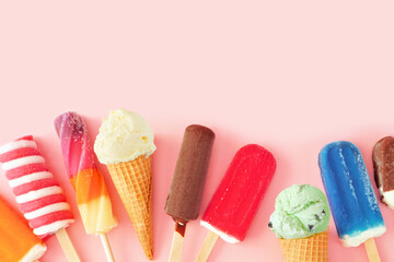 Leinwandbilder - Collection of colorful summer frozen desserts. Top view bottom border on a pink background. Copy space.