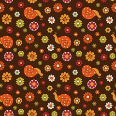 Wall Mural - retro snails and flowers seamless pattern