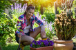 Gardener crouching in garden near purple petunias and cacti holding spade.