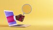 3d illustration. African cartoon character hand sticking out the laptop screen, holding magnifying glass. Computer clip art isolated on yellow background. Internet searching concept