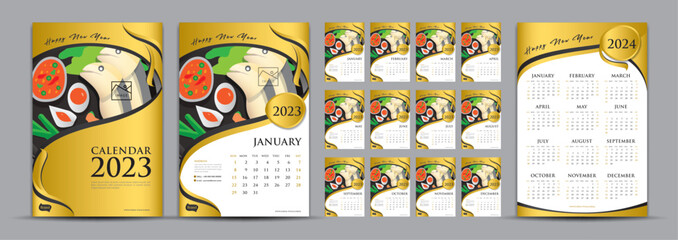 Desk calendar 2023 set and calendar 2024 year vector template, Gold Cover Calendar 2023 design, Wall calendar, food concept, Planner, simple, poster, flyer, advertisement, luxurious Gold background