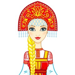 Wall Mural - Portrait of a beautiful girl in an ancient Russian dress. Sundress, kokoshnik.  Vector illustration isolated on a white background.