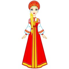 Wall Mural - Animation portrait of the Russian girl in ancient clothes. Sundress, kokoshnik. Full growth. Vector illustration isolated on a white background.